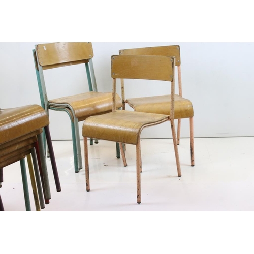 512 - Set of Ten Mid century Children's School Chairs with plywood back rails and seats and tubular metal ... 