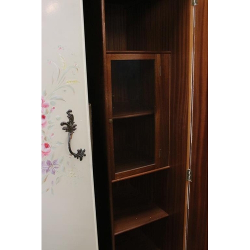 535 - Mid century French style Cream Wardrobe, the two panel doors with applied scroll decoration and hand... 