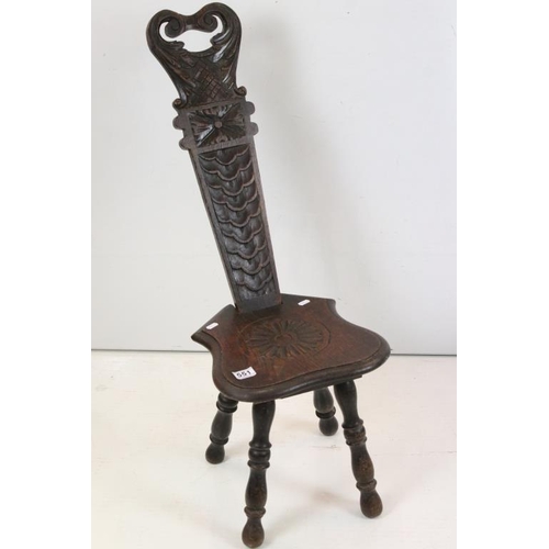 551 - 19th century Carved Oak Spinning Chair raised on turned legs, 34cm wide x 89cm high