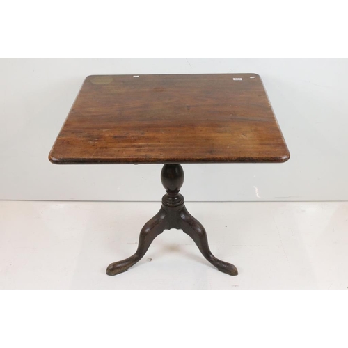 554 - George III Mahogany Square Tilt Top Supper Table raised on turned pillar support with three out-swep... 