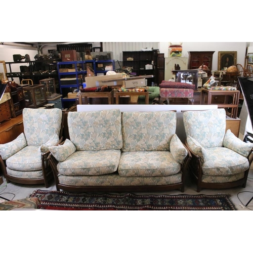 557 - Ercol ' Renaissance ' Elm High Back Three Piece Suite with floral pattern upholstery comprising Sofa... 