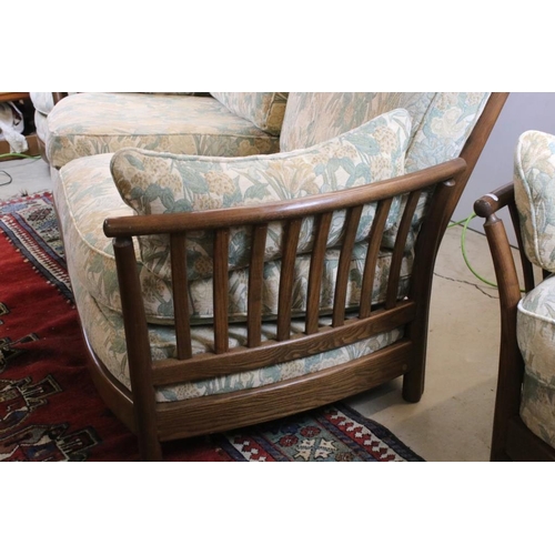 557 - Ercol ' Renaissance ' Elm High Back Three Piece Suite with floral pattern upholstery comprising Sofa... 