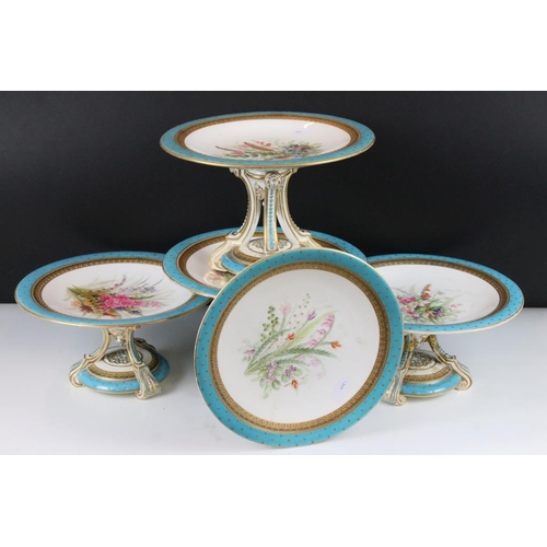 63 - Four 19th Century Royal Worcester tazza's having hand painted floral sprays to the plates with blue ... 