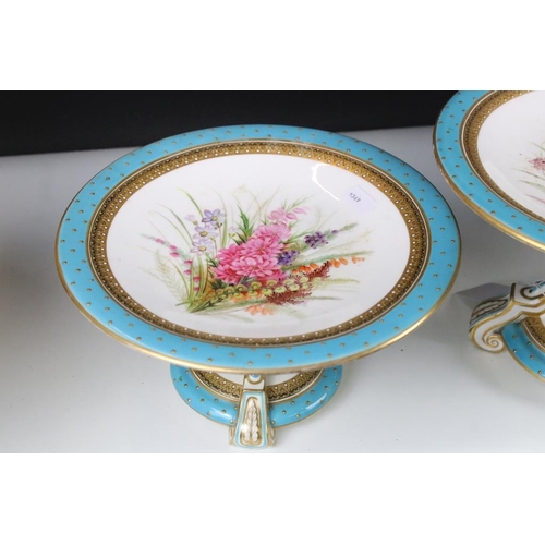 63 - Four 19th Century Royal Worcester tazza's having hand painted floral sprays to the plates with blue ... 