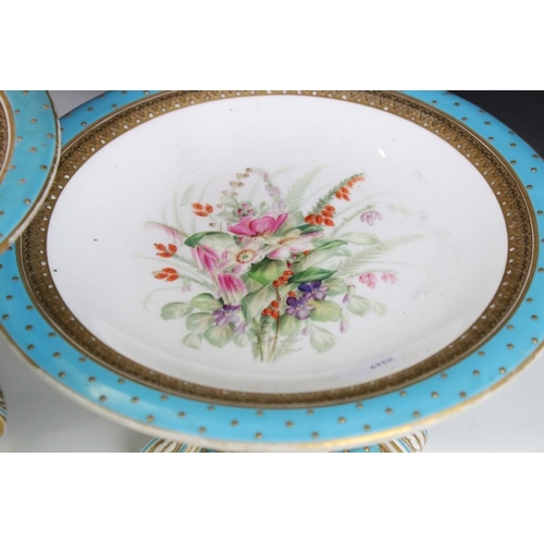 63 - Four 19th Century Royal Worcester tazza's having hand painted floral sprays to the plates with blue ... 