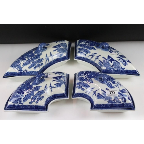 70 - Set of four 19th Century Victorian blue and white willow pattern lidded dishes, all moulded to fit t... 