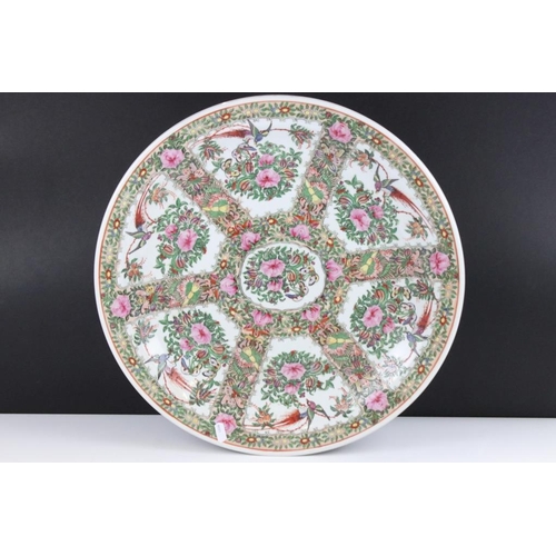 77 - Large Cantonese Famille Rose charger with panels depicting exotic birds, butterflies & flowers, six ... 