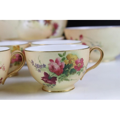 86 - Early 20th Century Royal Worcester Blush Ivory Tea Set For Six with hand painted floral decoration, ... 