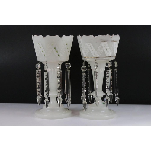 88 - Pair of 19th Century Victorian white glass lustres having crenelated rims with enamelled lace design... 