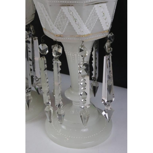 88 - Pair of 19th Century Victorian white glass lustres having crenelated rims with enamelled lace design... 