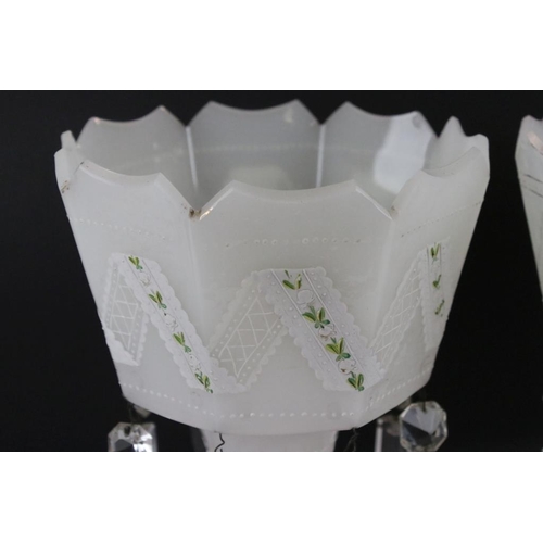 88 - Pair of 19th Century Victorian white glass lustres having crenelated rims with enamelled lace design... 