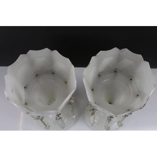 88 - Pair of 19th Century Victorian white glass lustres having crenelated rims with enamelled lace design... 