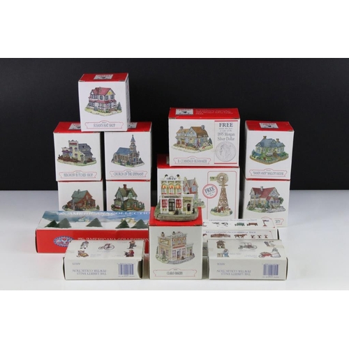 97 - Ten boxed Liberty Falls Collection model buildings (AH129, AH132, AH131, AH130, AH128, etc), two pew... 