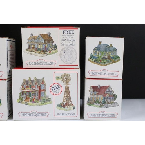 97 - Ten boxed Liberty Falls Collection model buildings (AH129, AH132, AH131, AH130, AH128, etc), two pew... 