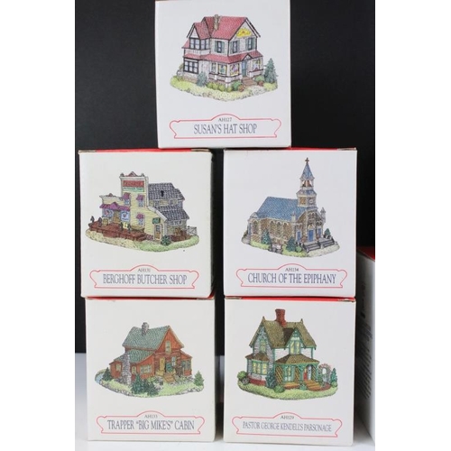 97 - Ten boxed Liberty Falls Collection model buildings (AH129, AH132, AH131, AH130, AH128, etc), two pew... 