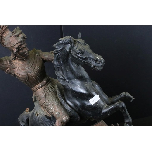 323 - Pair of cast metal figurines in the form of knights on horse back, together with a reproduction stai... 