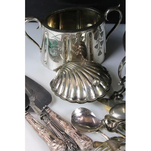 326 - Collection of mostly 19th Century silver plated items to include a three piece tea service, spirit k... 