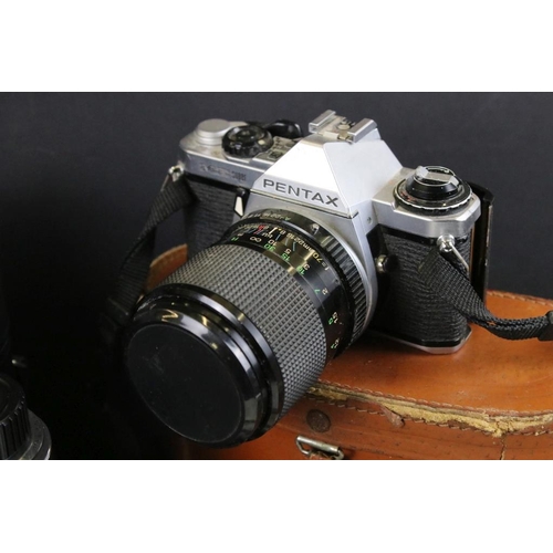 333 - Collection of cameras and related equipment to include a Pentax ME super camera with a 35-70mm lens,... 