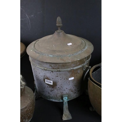 336 - Persian brass three legged foot warmer stool, brass coal scuttle, and a brass twin handled log bin. ... 