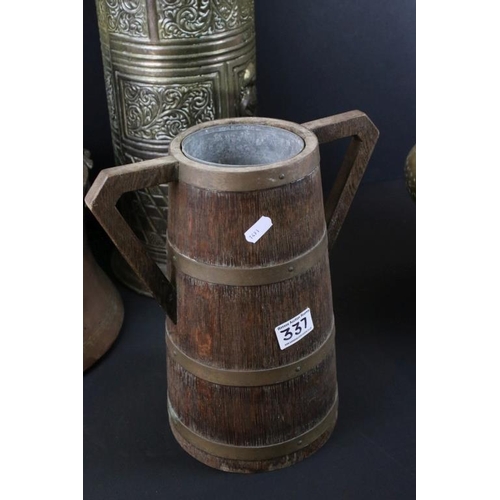 337 - 19th century metal wares to include a brass twin handled vase with hammered detailing, brass cylindr... 