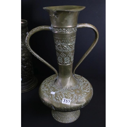 337 - 19th century metal wares to include a brass twin handled vase with hammered detailing, brass cylindr... 