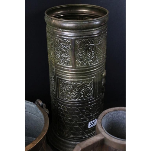 337 - 19th century metal wares to include a brass twin handled vase with hammered detailing, brass cylindr... 