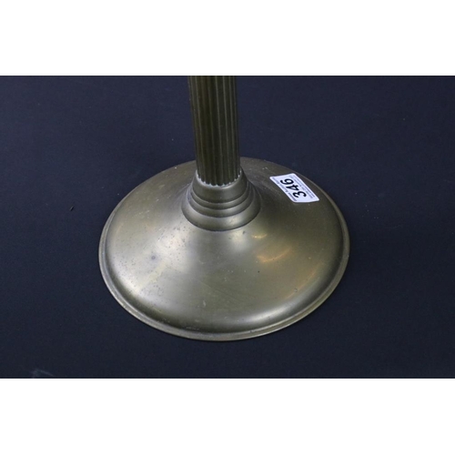 346 - 19th Century Victorian brass oil lamp having a reeded column base with white glass orb shade. Measur... 