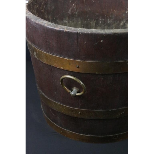 348 - 19th century brass bound wooden twin handled coal bucket together with a copper kettle. Bucket measu... 