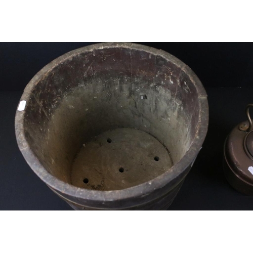 348 - 19th century brass bound wooden twin handled coal bucket together with a copper kettle. Bucket measu... 