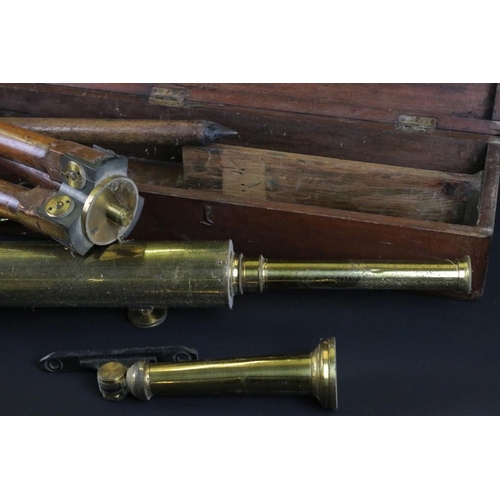 350 - Broadhurst Clarkson & Co brass telescope in original case with wooden tripod. Telescope measures app... 