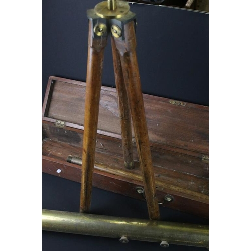 350 - Broadhurst Clarkson & Co brass telescope in original case with wooden tripod. Telescope measures app... 