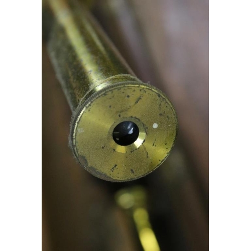 350 - Broadhurst Clarkson & Co brass telescope in original case with wooden tripod. Telescope measures app... 