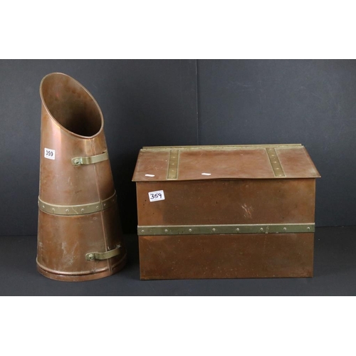 359 - Early 20th Century copper and brass log box, together with copper and brass coal scuttle. Box measur... 