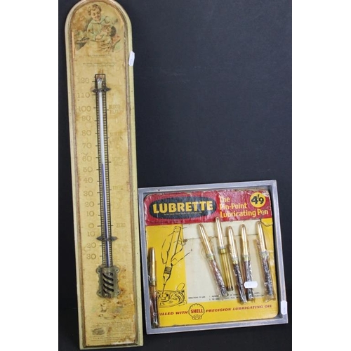 364 - A box of mixed collectables to include an advertising thermometer, Lubrette shop display, Three Sign... 