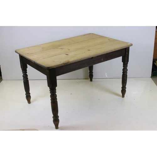 571 - Victorian Pine Scrub Top Kitchen Table raised on turned legs, 121cm long x 81cm wide x 75cm high