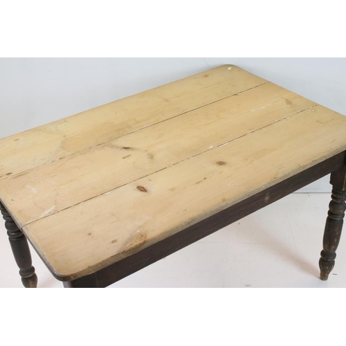 571 - Victorian Pine Scrub Top Kitchen Table raised on turned legs, 121cm long x 81cm wide x 75cm high