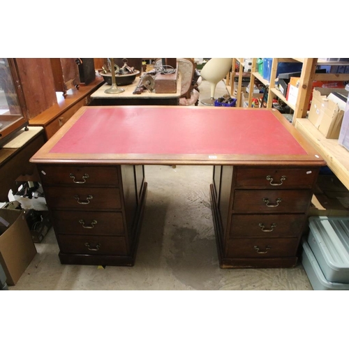 573 - Late Mid century British Rail (Western Region) Partners Desk, the red leather inset top supported by... 