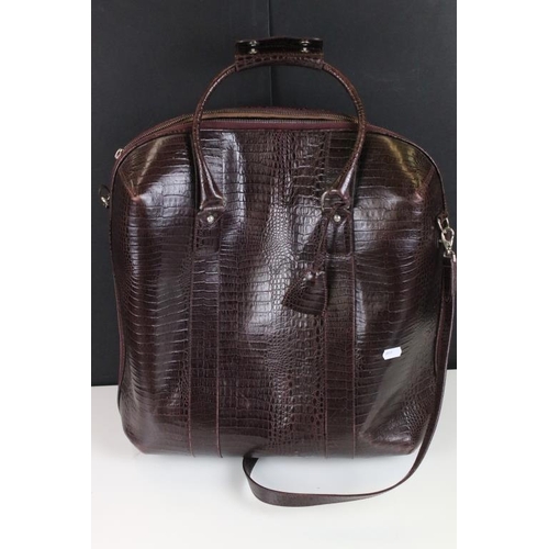 372 - Mulberry brown burgundy alligator skin embossed leather hold all bag. The bag with embossed tree log... 