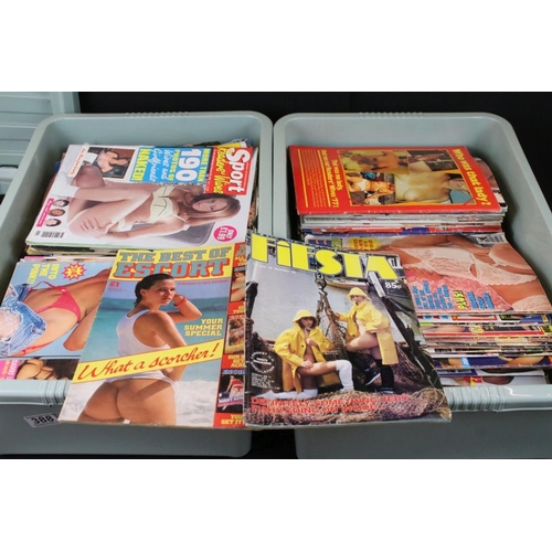 388 - Collection of vintage erotic magazines to include Fiesta, Escort, Razzle, etc. 2 boxes.