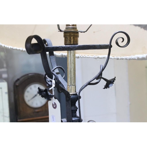 475C - Early 20th century Wrought Iron Telescopic Standard Oil Lamp, converted to electric, with shade, tot... 