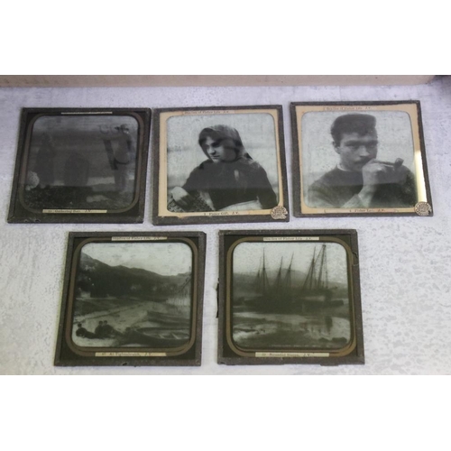 655 - Six boxes of magic lantern slides, subjects to include: cats, fishing scenes (Studies of Fisher Life... 