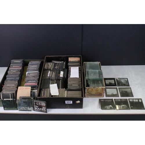 657 - Three boxes of magic lantern slides, subjects to include: naval interest, shipping, trains, blanks e... 