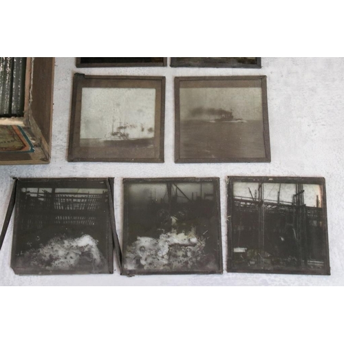 657 - Three boxes of magic lantern slides, subjects to include: naval interest, shipping, trains, blanks e... 