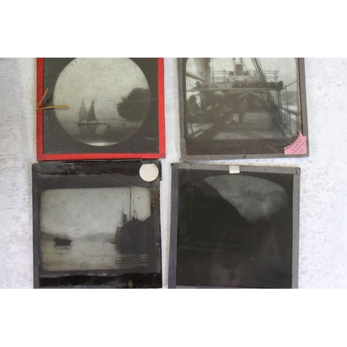 657 - Three boxes of magic lantern slides, subjects to include: naval interest, shipping, trains, blanks e... 