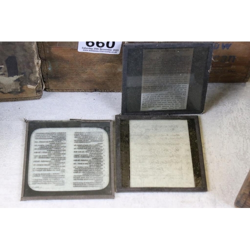 660 - Eight boxes of magic lantern slides, subjects to include: religious interest, hymns etc