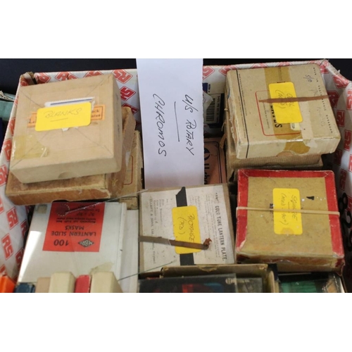 664 - Five boxes of magic lantern slides, subjects to include: stories, Everett Edgcumbe London electrical... 