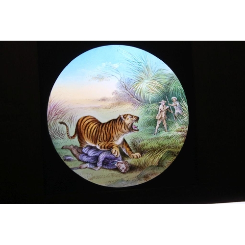 668 - Approx 85 Victorian wooden framed magic lantern glass slides to include Puss in Boots story slides, ... 