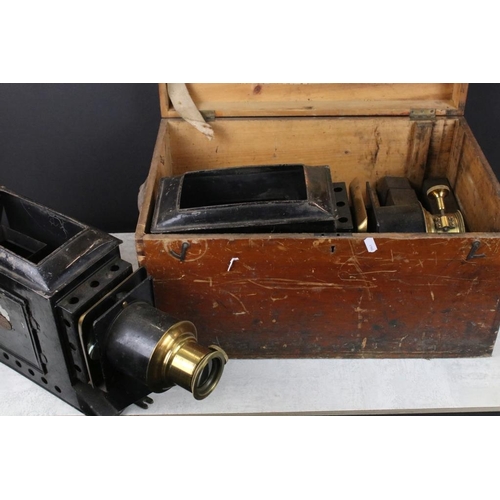 682 - Pair of 19th century Newton & Co of London black painted tinplate & brass magic lantern projectors, ... 