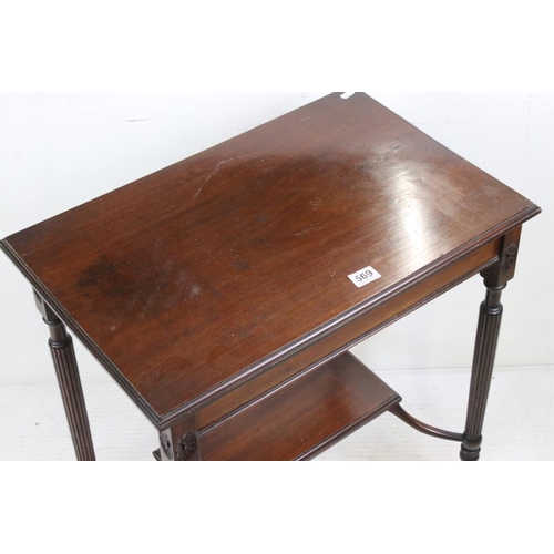 569 - Early 20th century Mahogany Side Table raised on fluted supports united by a shelf below, label to u... 