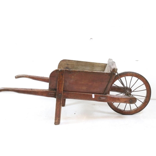 579 - Vintage Rustic Wooden Wheelbarrow with wooden iron bound and iron spoke wheel, 104cm long x 36cm hig... 